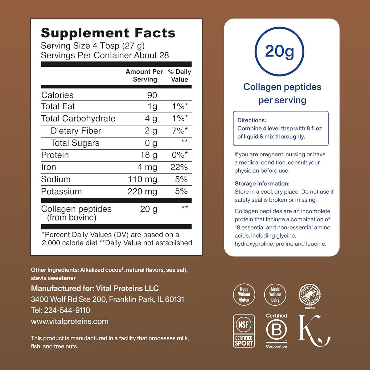 Vital Proteins Grass Fed Collagen Powder Supplement (Type I, III) For Skin Hair Nail Joint - Hydrolyzed Collagen - Dairy And Gluten Free - 27g Per Serving - Chocolate Flavor, 26.8 Oz Canister,