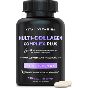 Vital Vitamins Vital Vitamins Multi Collagen Plus - With Biotin, Hyaluronic Acid, Vitamin C - Type I, II, III, V, X - For Women And Men - Hair, Skin, Nails Beauty Complex - 150 Capsules