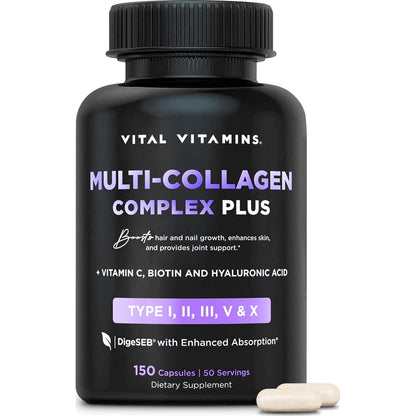 Vital Vitamins Vital Vitamins Multi Collagen Plus - With Biotin, Hyaluronic Acid, Vitamin C - Type I, II, III, V, X - For Women And Men - Hair, Skin, Nails Beauty Complex - 150 Capsules