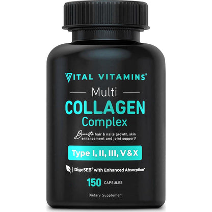 Vital Vitamins Multi Collagen for Women and Men, Types I, II, III, V, X, Grass-Fed, Non-GMO, 150 Capsules, Supports Skin, Hair, and Joint Health