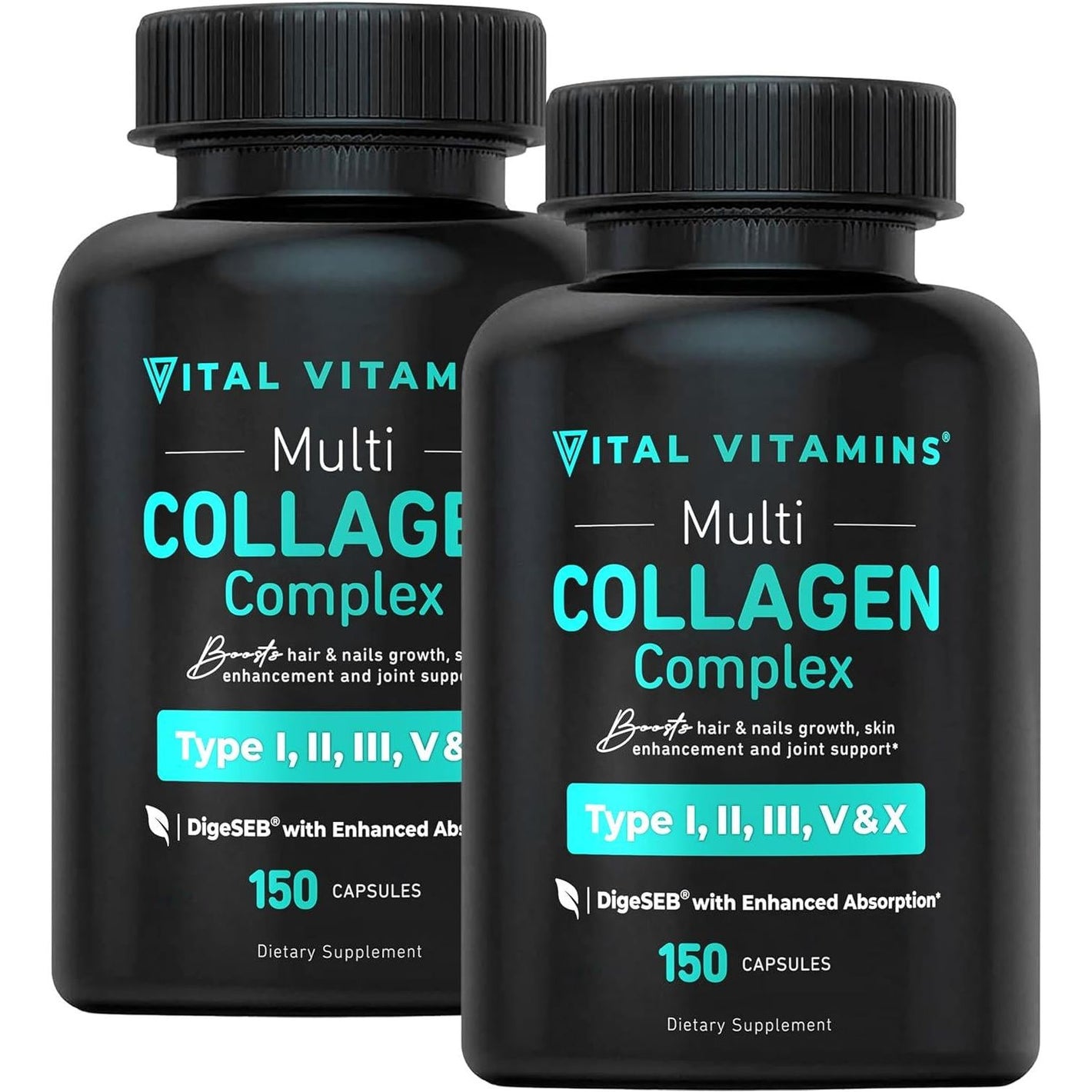 Vital Vitamins Vital Vitamins Multi Collagen Peptides (2-Pack) - For Women And Men - Hydrolyzed Types I, II, III, V, X - Grass-Fed, Non-GMO - 300 Capsules