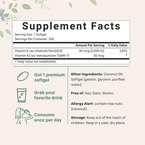 Micro Ingredients Vitamin D3 2000 IU + K2 MK-7, 50mcg, 300 Virgin Coconut Oil Softgels, Supports Bone & Immune Health
