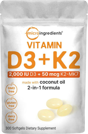 Micro Ingredients Vitamin D3 2000 IU + K2 MK-7, 50mcg, 300 Virgin Coconut Oil Softgels, Supports Bone & Immune Health