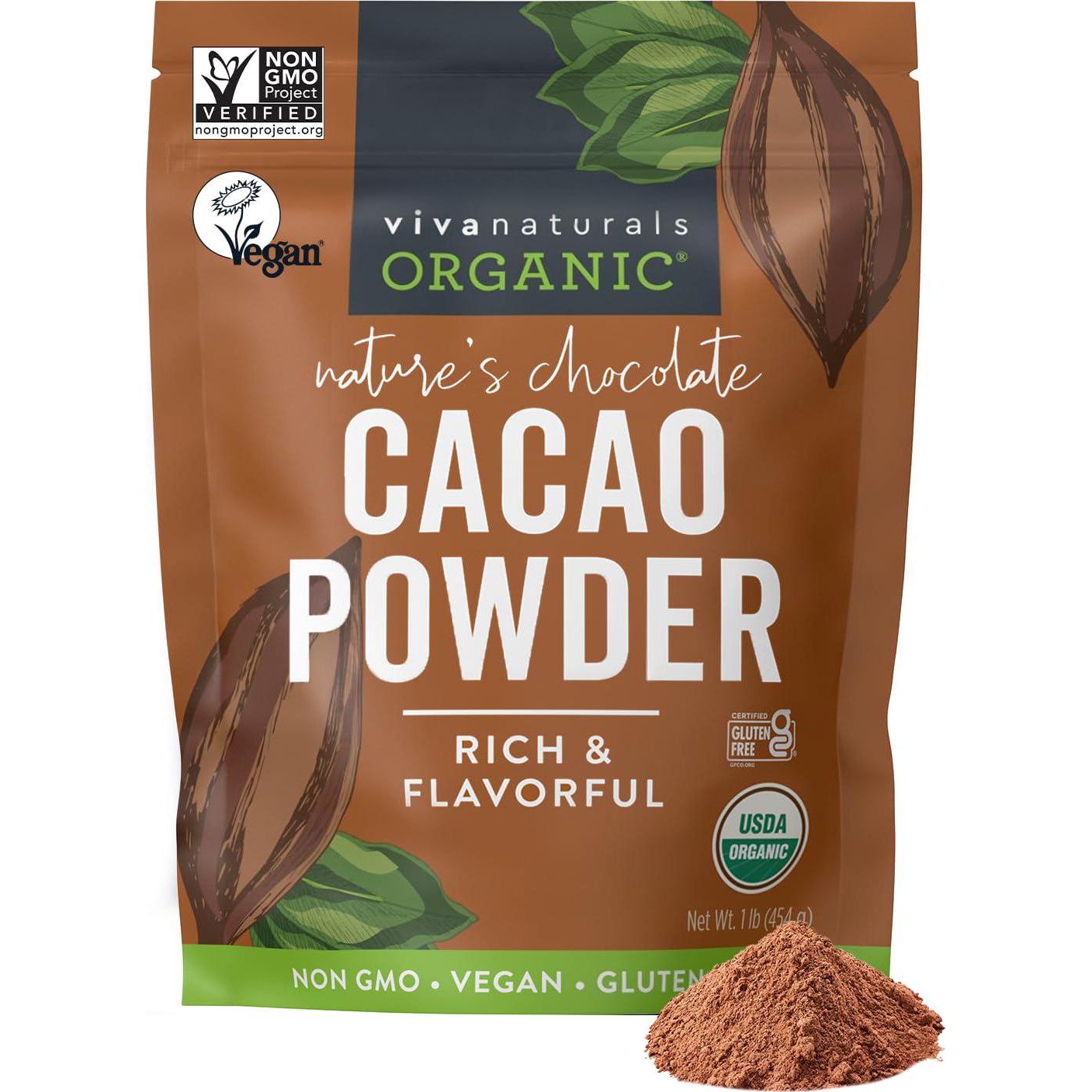 Viva Naturals Organic Cacao Powder, 1lb, Unsweetened, Rich Dark Chocolate Flavor, Perfect for Baking & Smoothies, Non-GMO, Certified Vegan & Gluten-Free