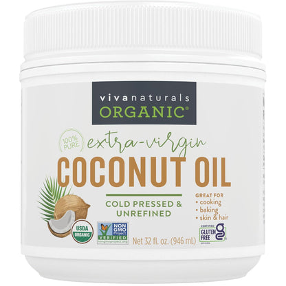 Viva Naturals Viva Naturals Organic Coconut Oil - Unrefined And Cold-Pressed, Natural Hair Oil, Skin Oil And Cooking Oil With Fresh Flavor, Non-GMO Extra Virgin Coconut Oil (Aceite De Coco), USDA Organic, 32 Fl Oz (Pack Of 1)