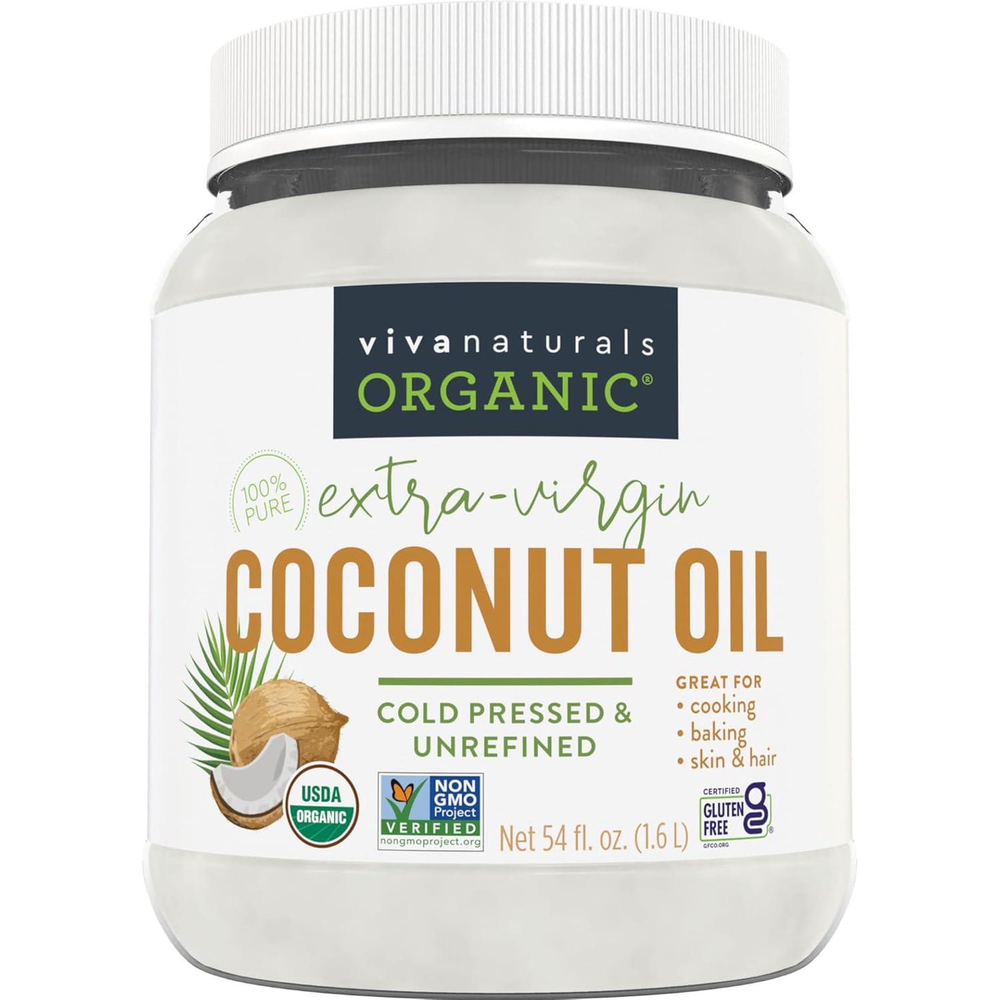 Viva Naturals Organic Coconut Oil, Unrefined, Cold Pressed, Extra Virgin, USDA Organic & Non-GMO, Cooking Oil, Hair & Skin Oil, 54oz