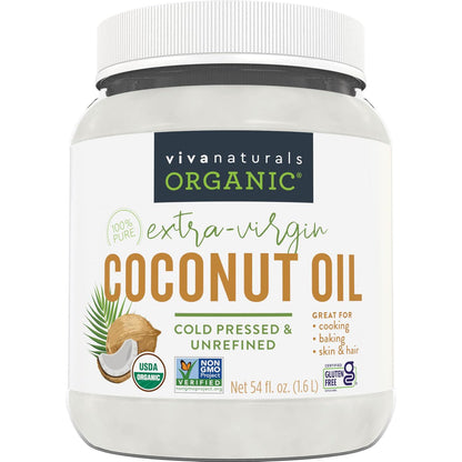 Viva Naturals Organic Coconut Oil, Unrefined, Cold Pressed, Extra Virgin, USDA Organic & Non-GMO, Cooking Oil, Hair & Skin Oil, 54oz