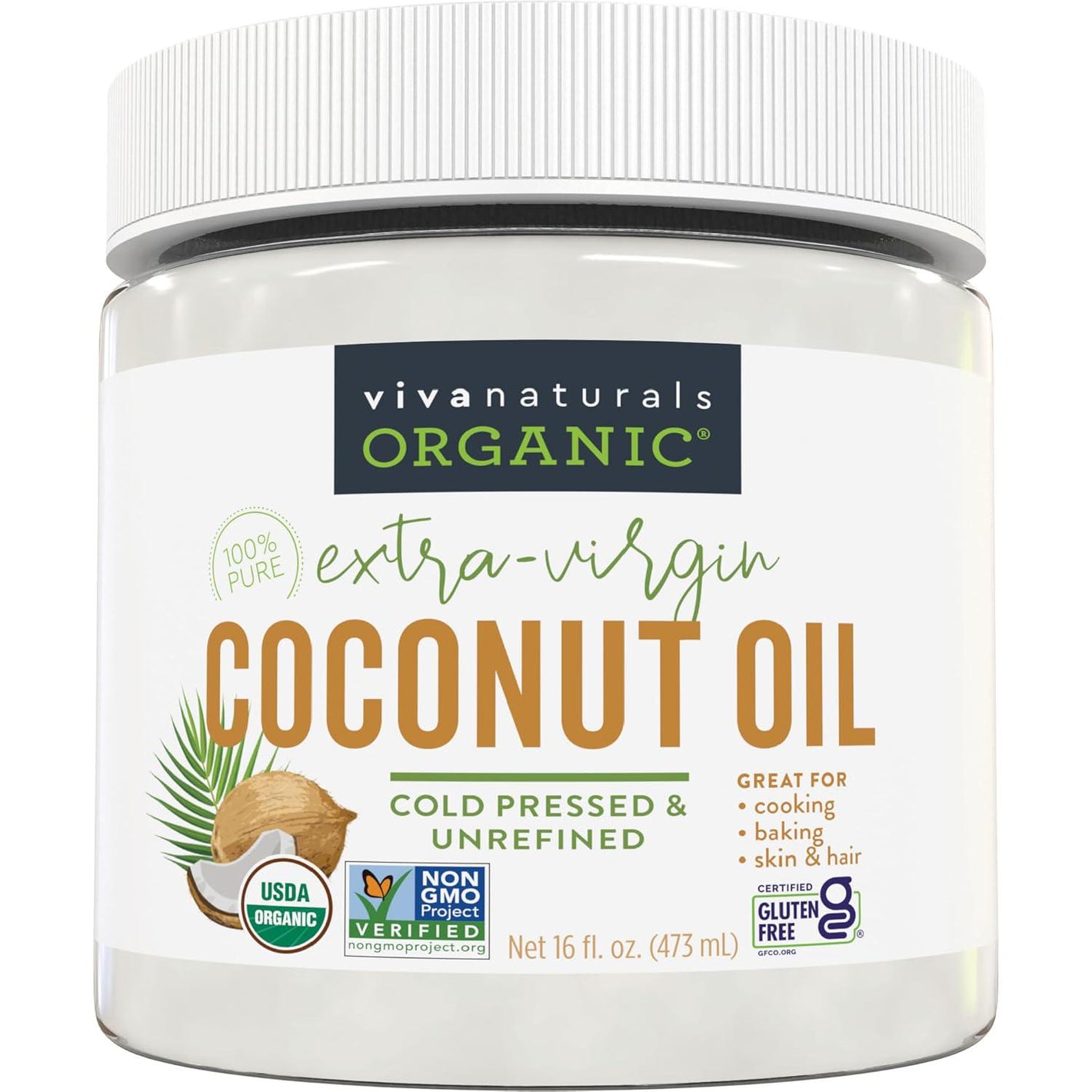 Viva Naturals Viva Naturals Organic Coconut Oil - Unrefined, Cold-Pressed Extra Virgin Coconut Oil, USDA Organic And Non-GMO Cooking Oil, Great As Hair Oil And Skin Oil, 16 Fl Oz