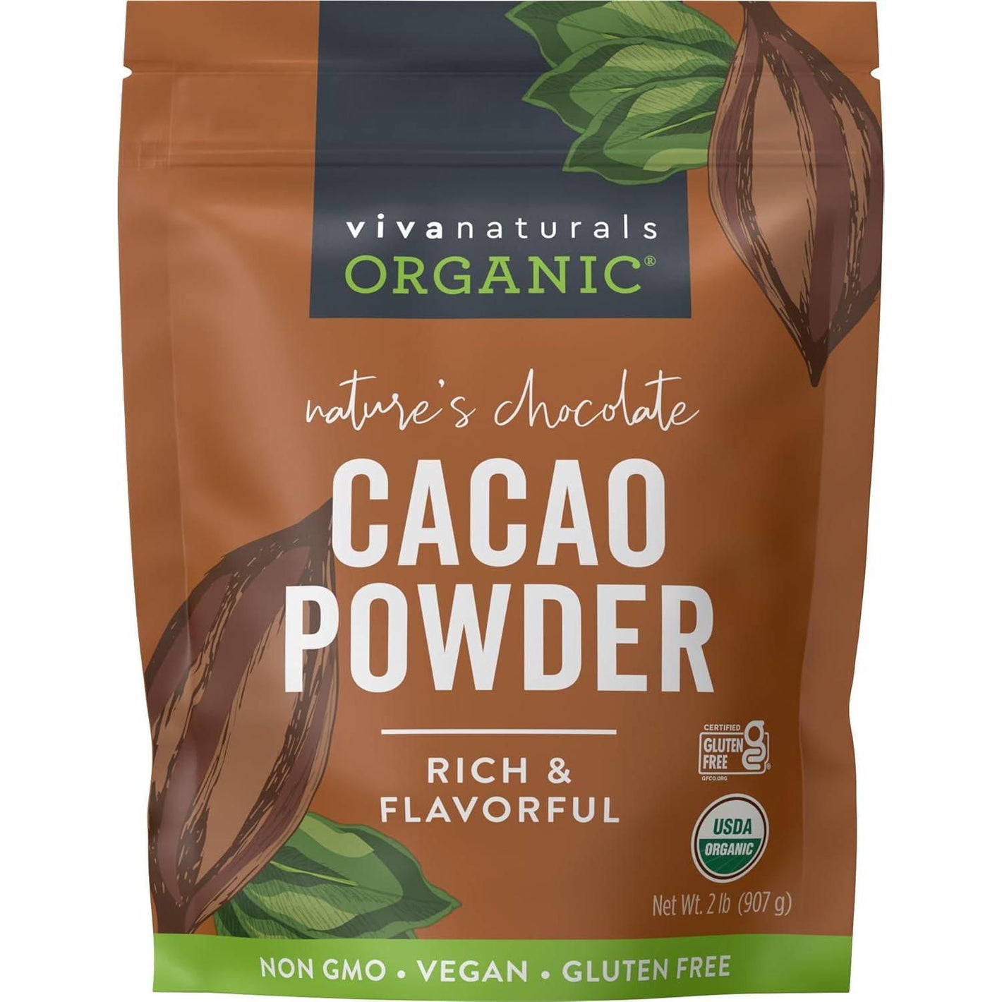 Viva Naturals Viva Naturals Organic Cacao Powder, 2lb - Unsweetened Cocoa Powder With Rich Dark Chocolate Flavor, Perfect For Baking And Smoothies - Certified Vegan, Keto And Paleo, Non-GMO And Gluten-Free, 907 G