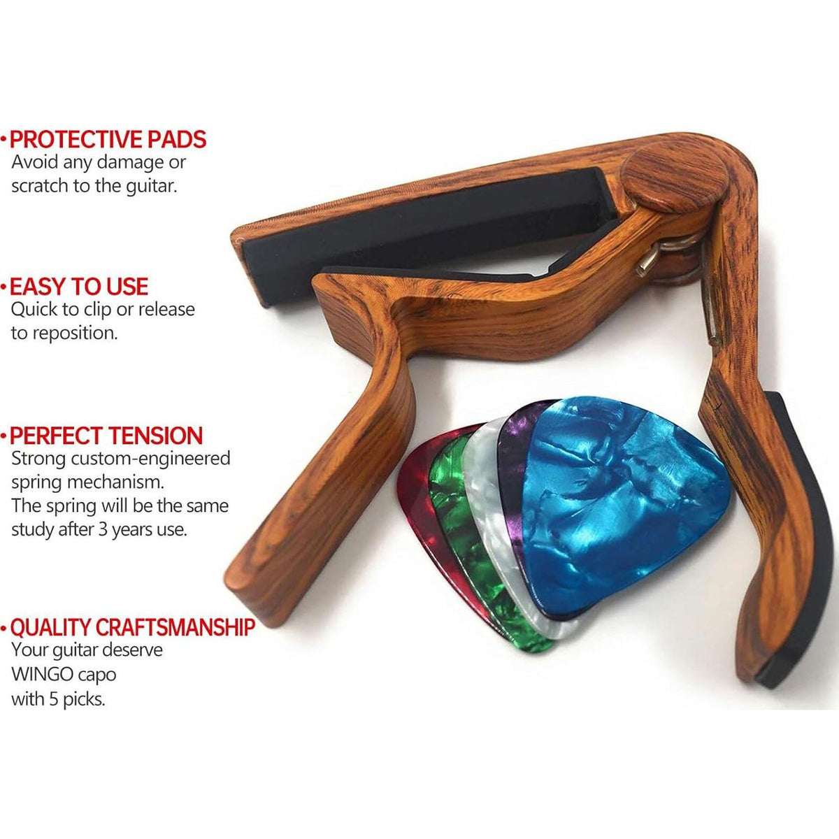 WINGO Guitar Capo For Acoustic And Electric Guitars - Rosewood Color With 5 Picks,