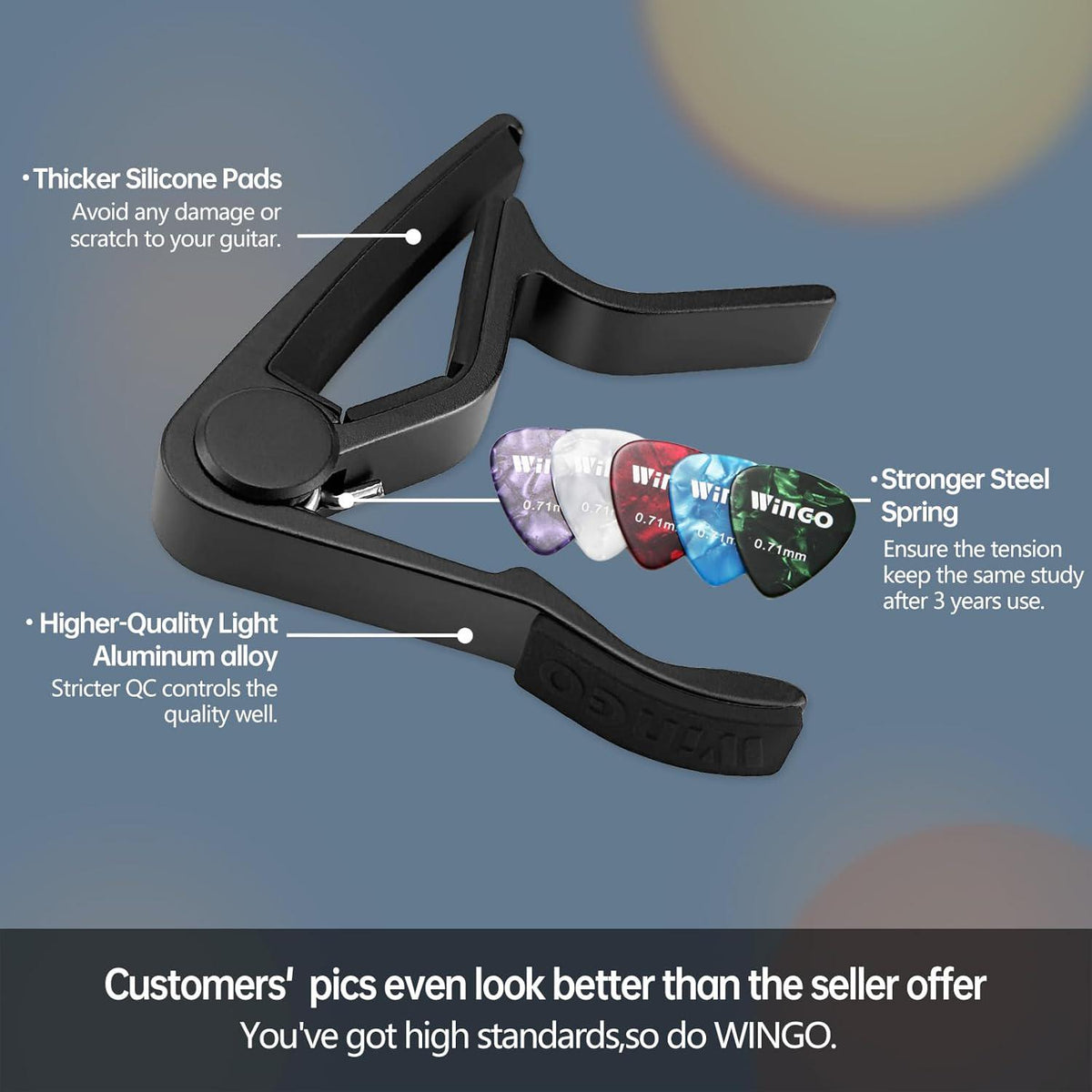 WINGO Guitar Capo For Acoustic And Electric Guitars With 5 Picks For Free, Black.,