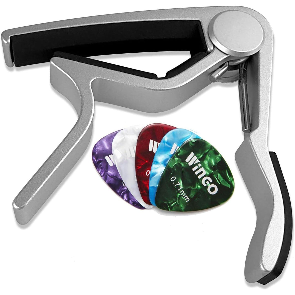WINGO Guitar Capo For 6 String Steel Acoustic And Electric Guitars With 5 Picks For Free,Silver,