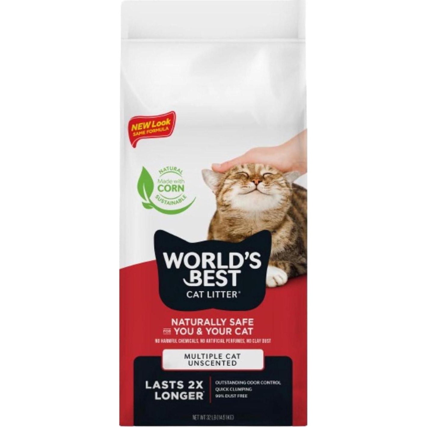 World's Best Cat Litter, 32 lb, Multi-Cat, Unscented, Natural, Flushable, Dust-Free, Long-Lasting Odor Control
