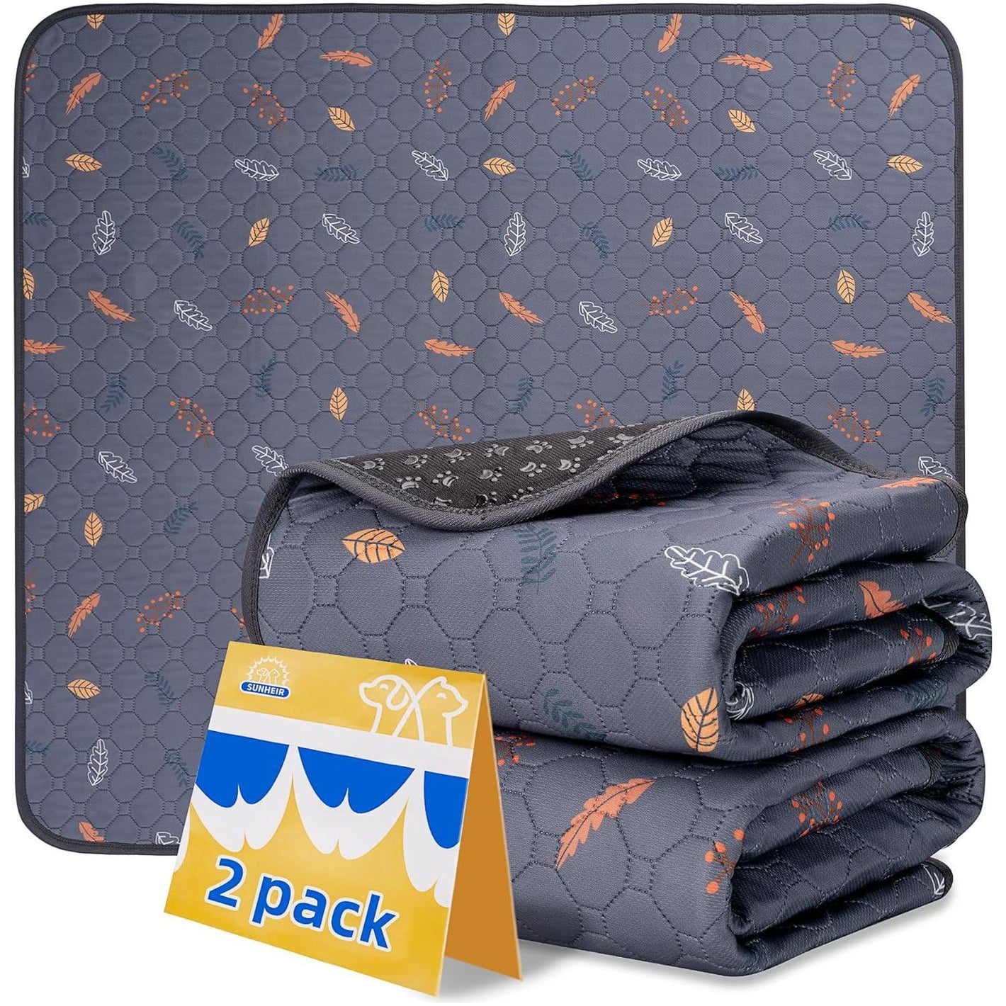 Washable Dog Pee Pads 2 Pack Reusable Thick Non Slip Leak Proof Pet Training Pads for Crate Playpen Grey