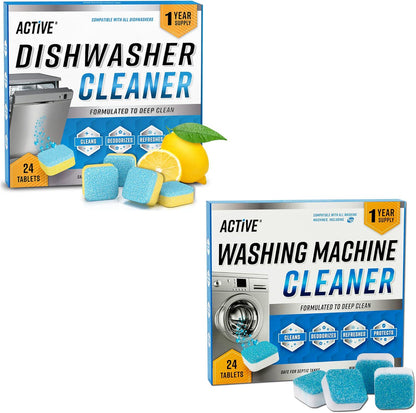 ACTIVE Washing Machine And Dishwasher Cleaning Tablets Bundle - Includes 12 Month Supply Dishwasher Cleaner Deodorizer And Washing Machine Descaler Deep Cleaning Tablets - 48 Tablet Set