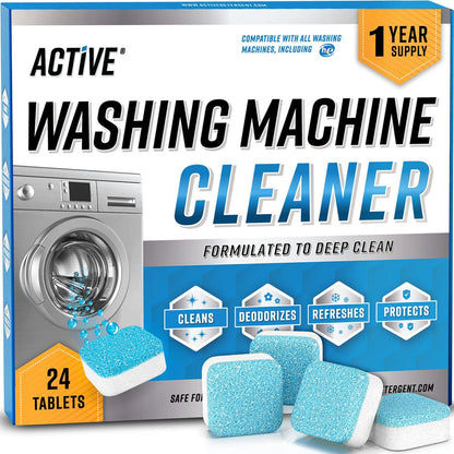 Active Washing Machine Cleaner Descaler, Deep Cleaning Tablets for HE Front-Load & Top-Load Washers, Septic-Safe, Eco-Friendly, 24 Pack, 12-Month Supply