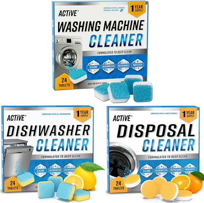 Active Washing Machine, Dishwasher & Disposal Cleaning Tablets, 12-Month Supply, 72 Tablets for Deodorizing, Freshening & Descaling