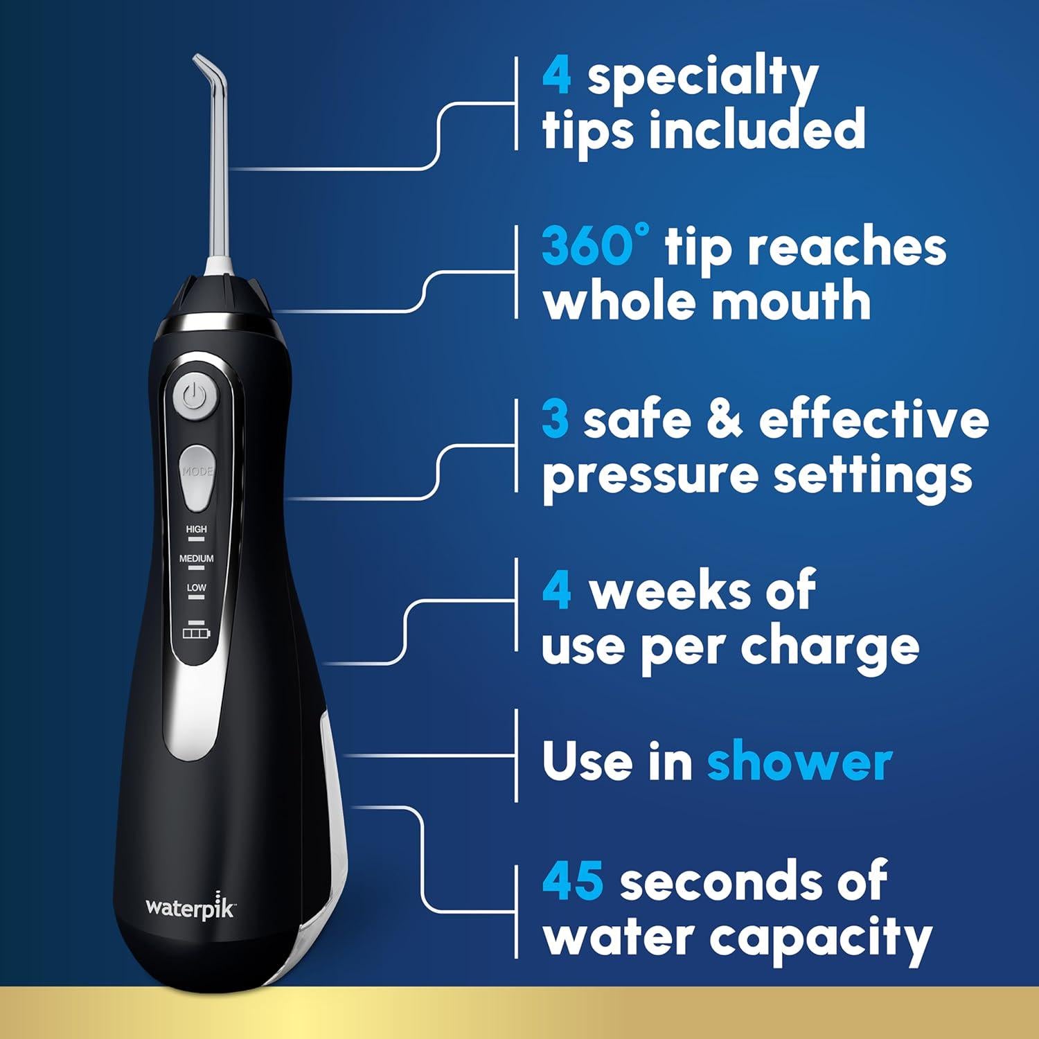 Waterpik Cordless Advanced 2.0 Water Flosser For Teeth, Gums, Braces, Dental Care With Travel Bag And 4 Tips, ADA Accepted, Rechargeable, Portable, And Waterproof, Black WP-582, Packaging May Vary,