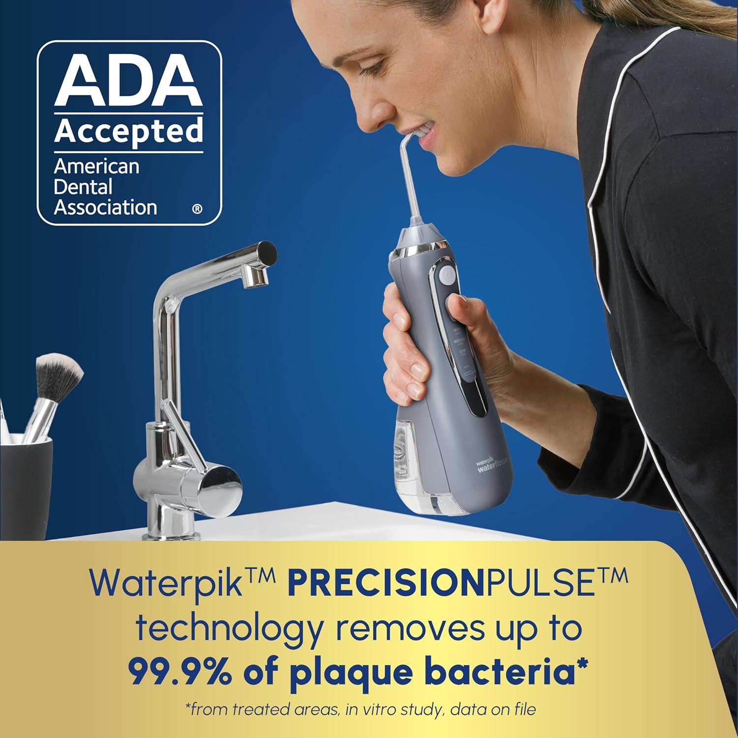 Waterpik Cordless Advanced 2.0 Water Flosser For Teeth, Gums, Braces, Dental Care With Travel Bag And 4 Tips, ADA Accepted, Rechargeable, Portable, And Waterproof, Gray WP-587, Packaging May Vary,
