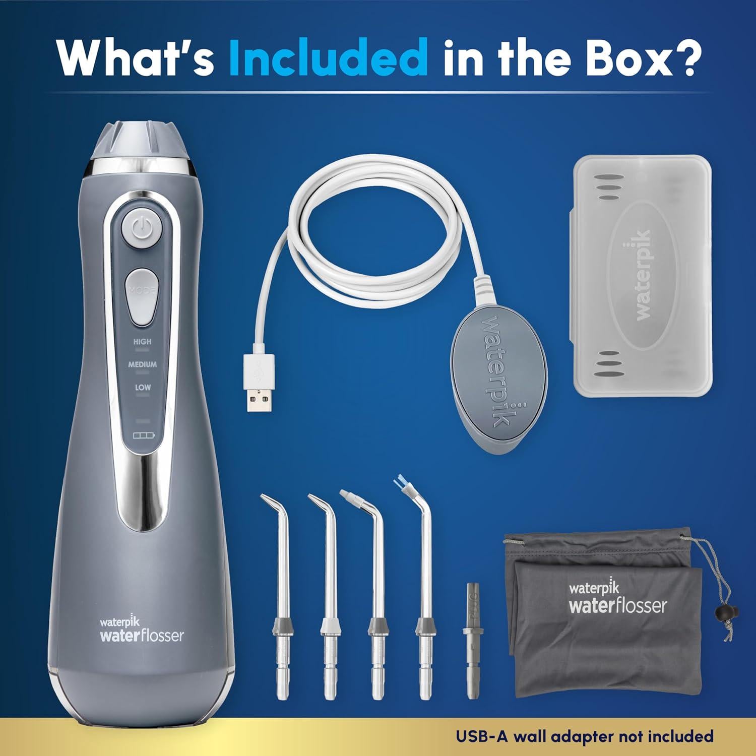 Waterpik Cordless Advanced 2.0 Water Flosser For Teeth, Gums, Braces, Dental Care With Travel Bag And 4 Tips, ADA Accepted, Rechargeable, Portable, And Waterproof, Gray WP-587, Packaging May Vary,