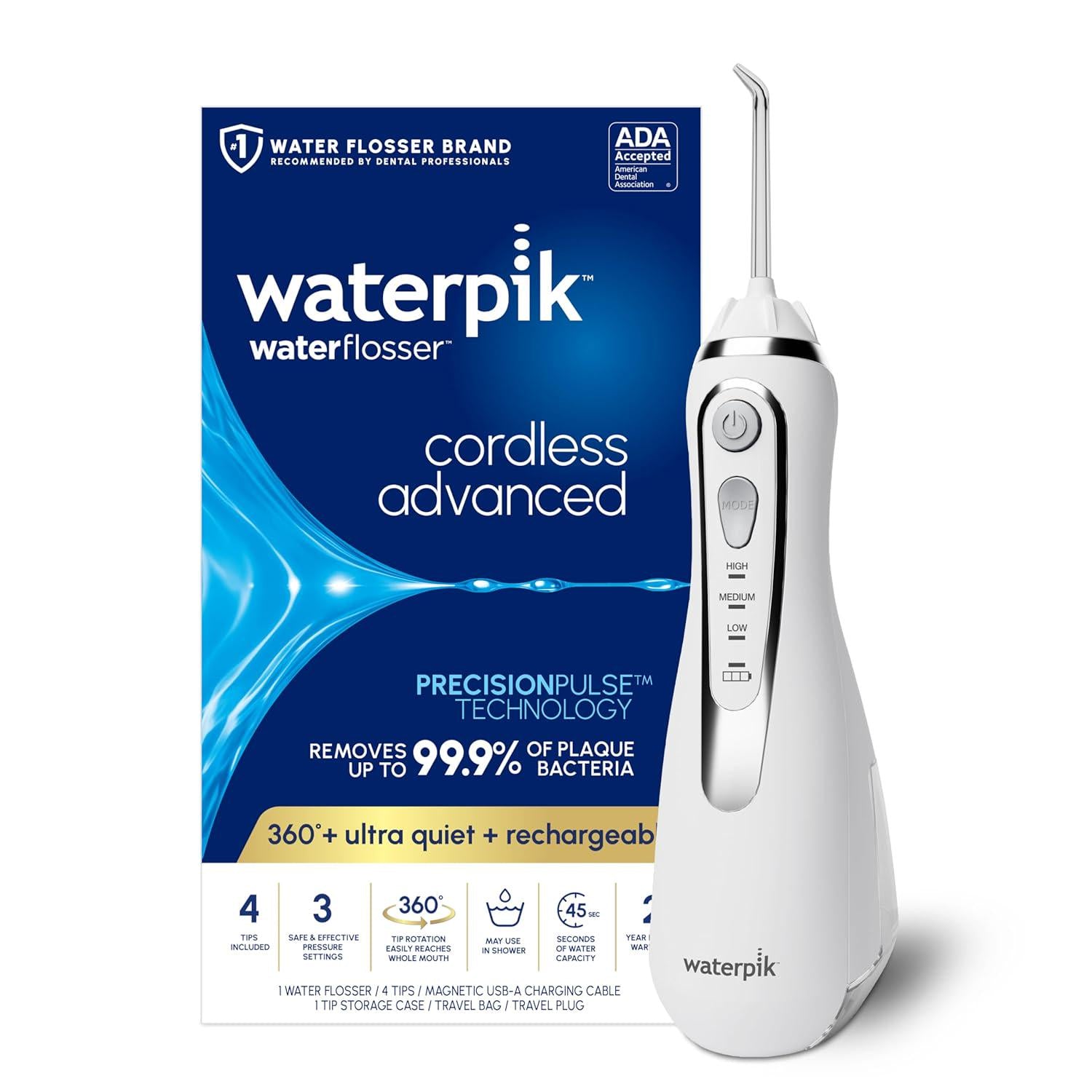 Waterpik Cordless Advanced 2.0 Water Flosser For Teeth, Gums, Braces, Dental Care With Travel Bag And 4 Tips, ADA Accepted, Rechargeable, Portable, And Waterproof, White WP-580, Packaging May Vary,