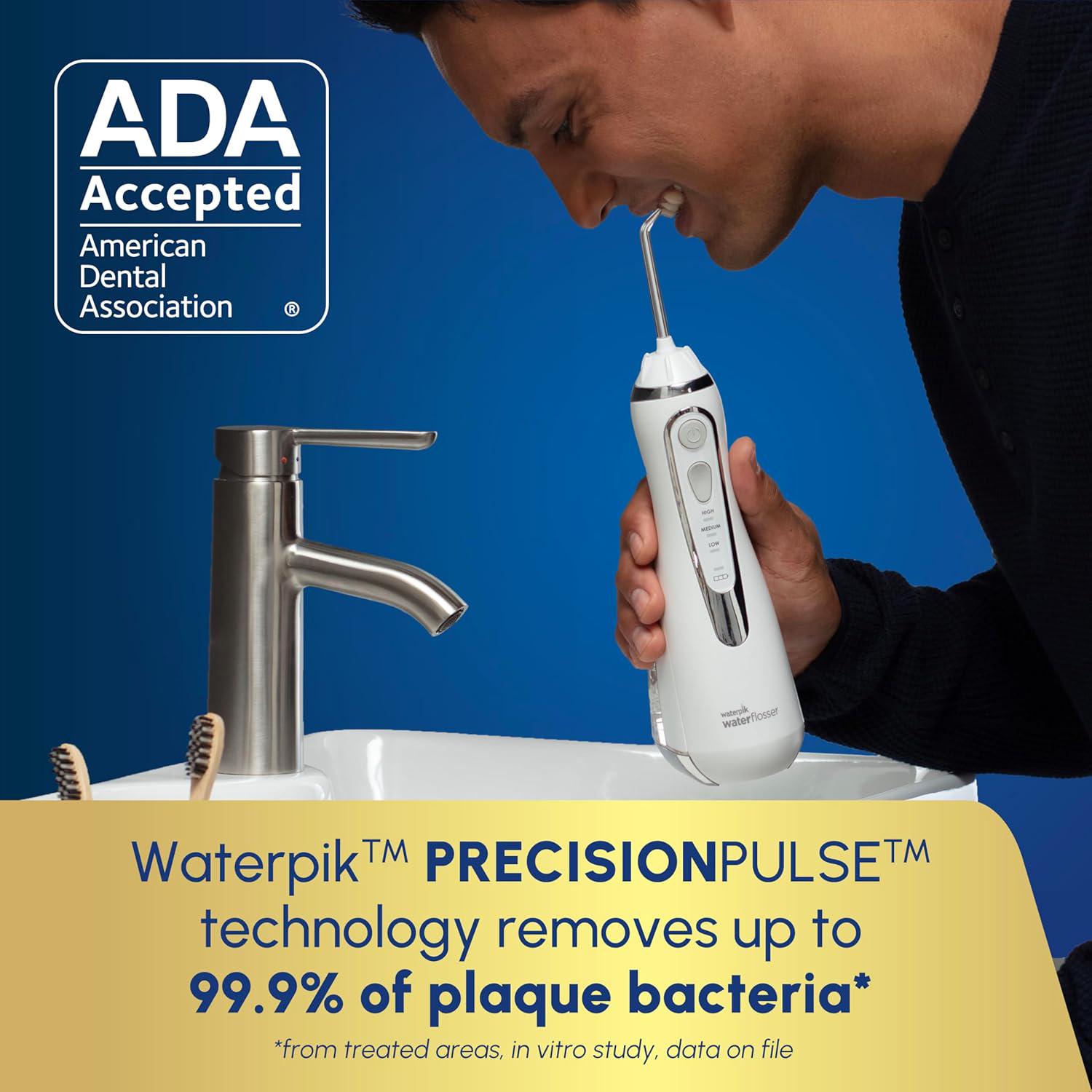 Waterpik Cordless Advanced 2.0 Water Flosser For Teeth, Gums, Braces, Dental Care With Travel Bag And 4 Tips, ADA Accepted, Rechargeable, Portable, And Waterproof, White WP-580, Packaging May Vary,