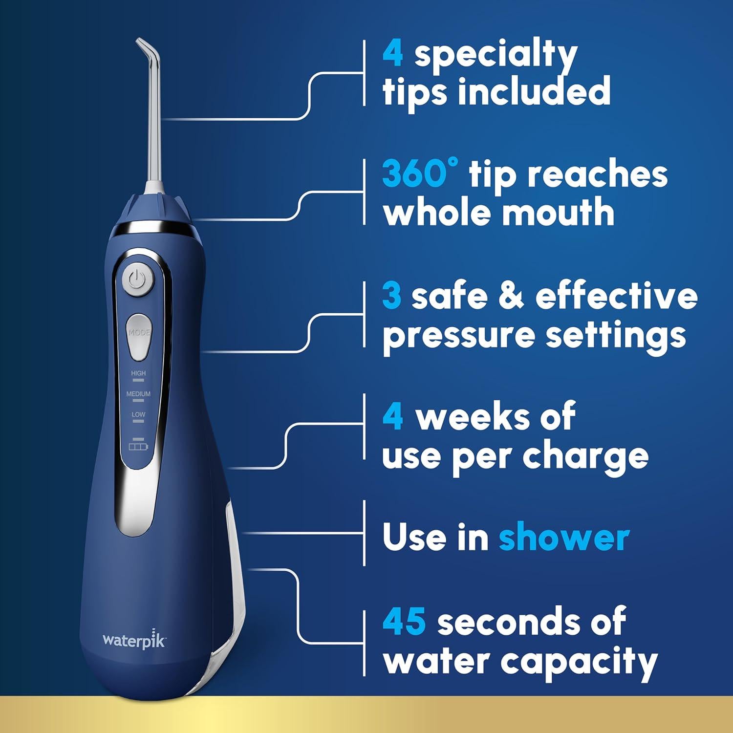 Waterpik Cordless Advanced 2.0 Water Flosser For Teeth, Gums, Braces, Dental Care With Travel Bag And 4 Tips, ADA Accepted, Rechargeable, Portable, And Waterproof, Blue WP-583, Packaging May Vary,