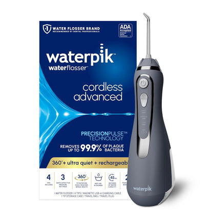 Waterpik Cordless Advanced 2.0 Water Flosser For Teeth, Gums, Braces, Dental Care With Travel Bag And 4 Tips, ADA Accepted, Rechargeable, Portable, And Waterproof, Gray WP-587, Packaging May Vary,