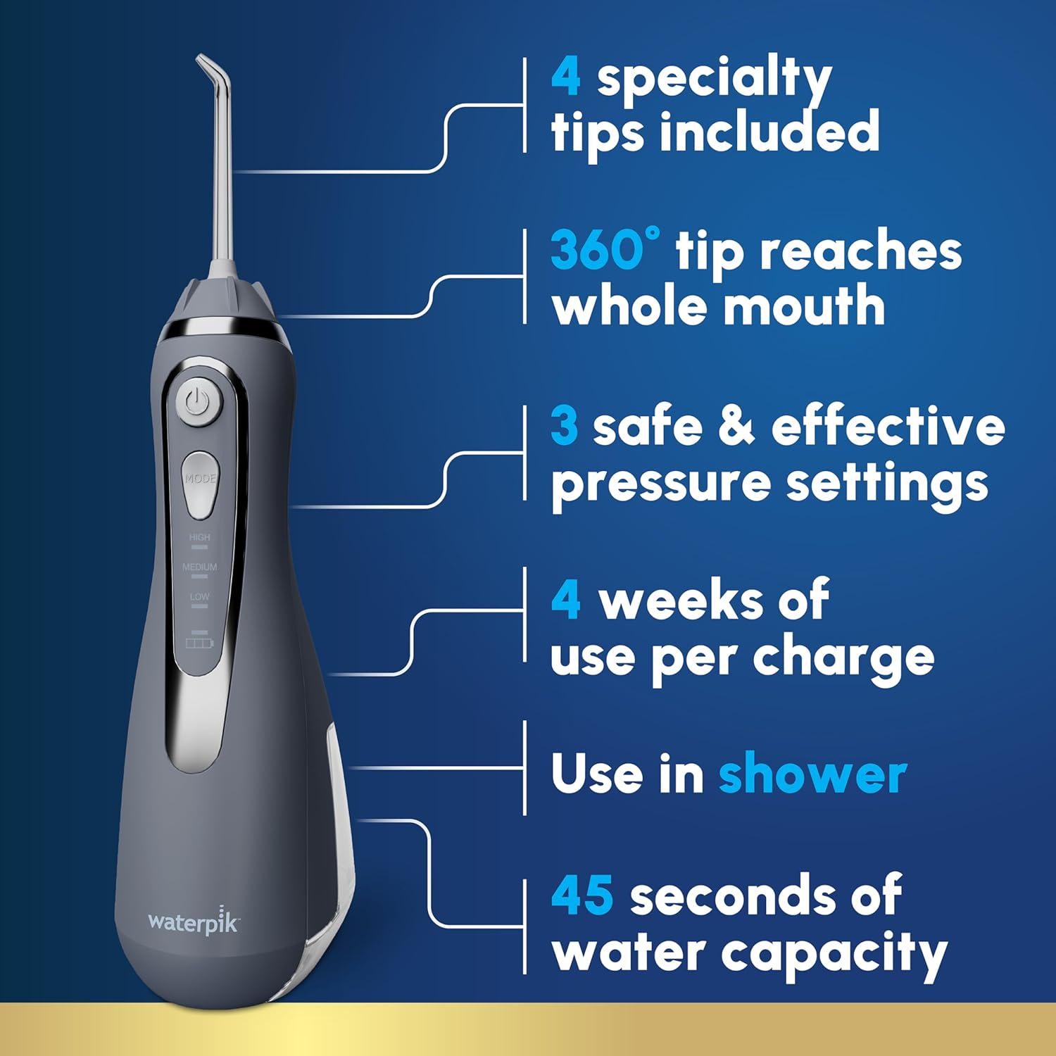 Waterpik Cordless Advanced 2.0 Water Flosser For Teeth, Gums, Braces, Dental Care With Travel Bag And 4 Tips, ADA Accepted, Rechargeable, Portable, And Waterproof, Gray WP-587, Packaging May Vary,