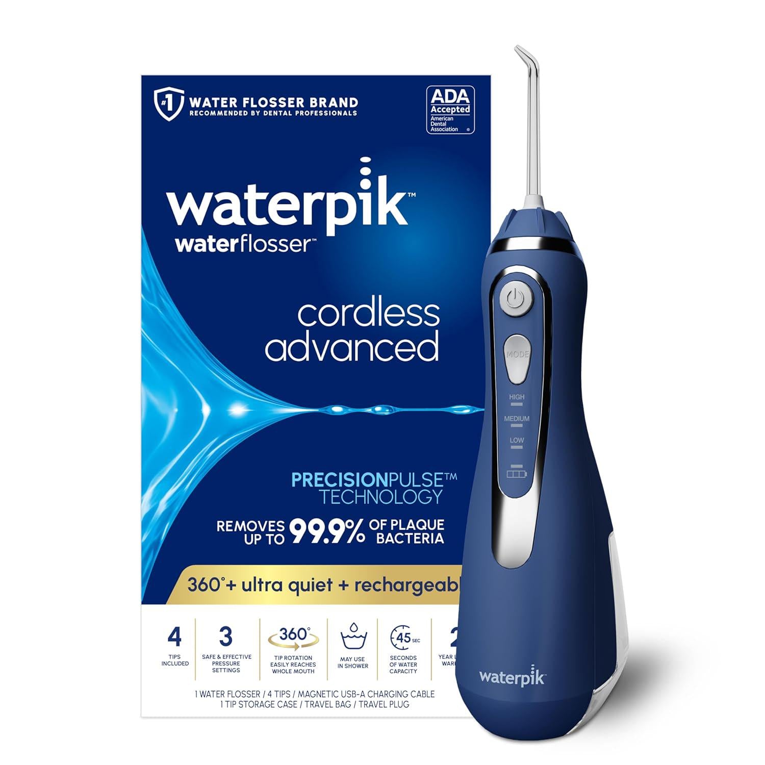Waterpik Cordless Advanced 2.0 Water Flosser For Teeth, Gums, Braces, Dental Care With Travel Bag And 4 Tips, ADA Accepted, Rechargeable, Portable, And Waterproof, Blue WP-583, Packaging May Vary,
