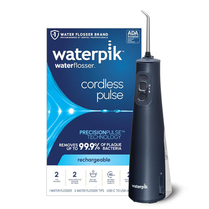 Waterpik Waterpik Cordless Pulse Rechargeable Portable Water Flosser For Teeth, Gums, Braces Care And Travel With 2 Flossing Tips, Waterproof, ADA Accepted, WF-20 Blue, Packaging May Vary