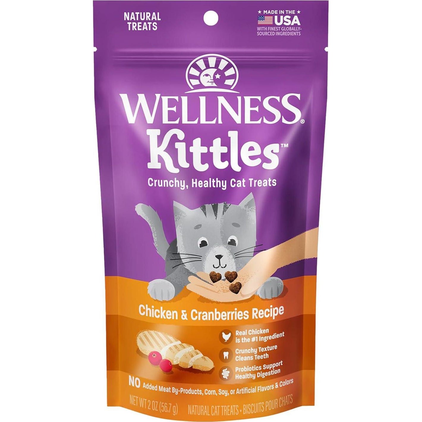 Wellness Kittles Cat Treats, 2 oz Bag, Crunchy Natural Grain-Free Chicken & Cranberry Flavor, For Adult Cats