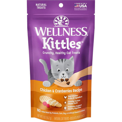 Wellness Kittles Cat Treats, 2 oz Bag, Crunchy Natural Grain-Free Chicken & Cranberry Flavor, For Adult Cats