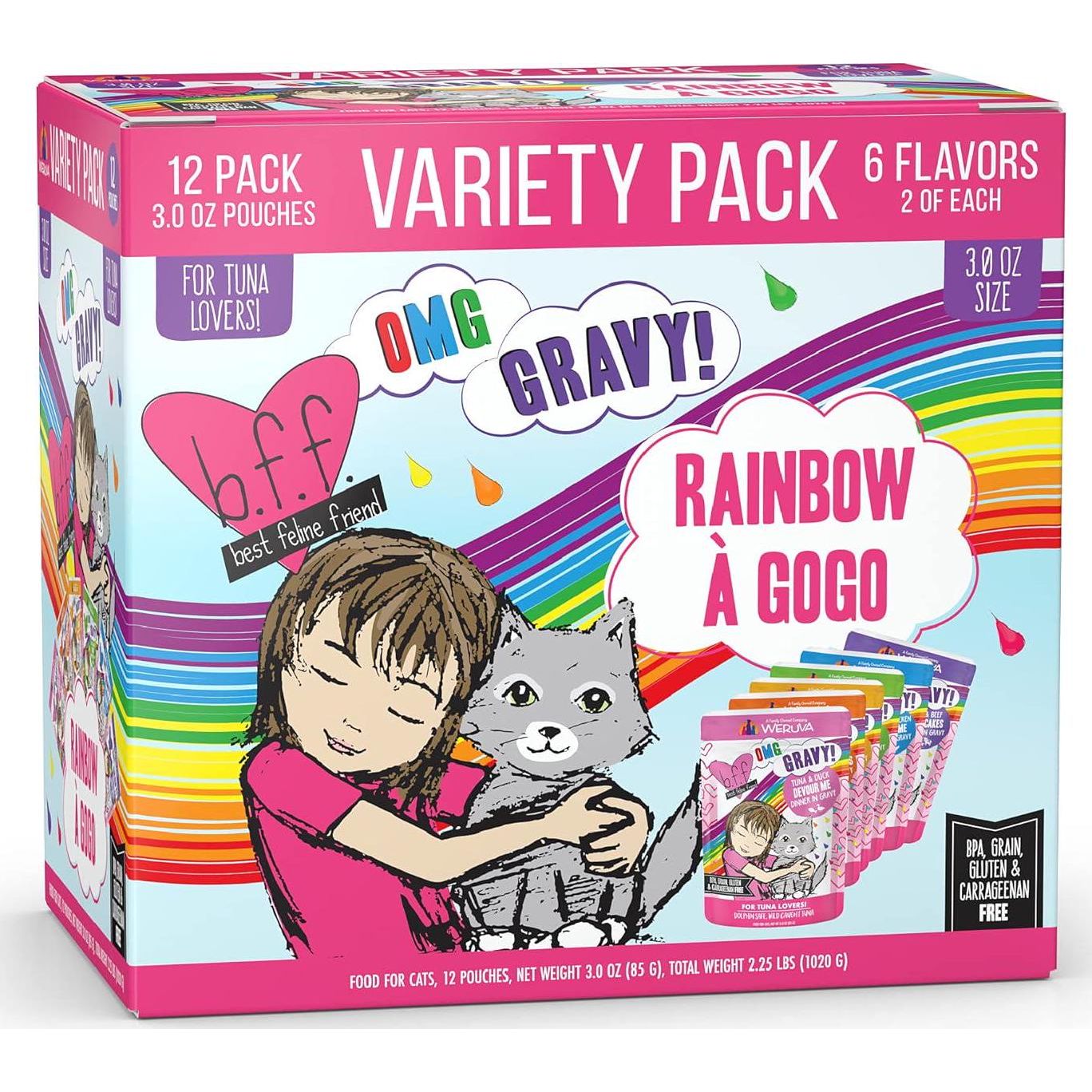 Weruva B.F.F. OMG Cat Food, Rainbow A Gogo Variety, 12 Pouch Pack, 3 oz Each, Gravy Wet Food