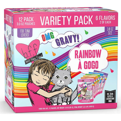Weruva B.F.F. OMG Cat Food, Rainbow A Gogo Variety, 12 Pouch Pack, 3 oz Each, Gravy Wet Food