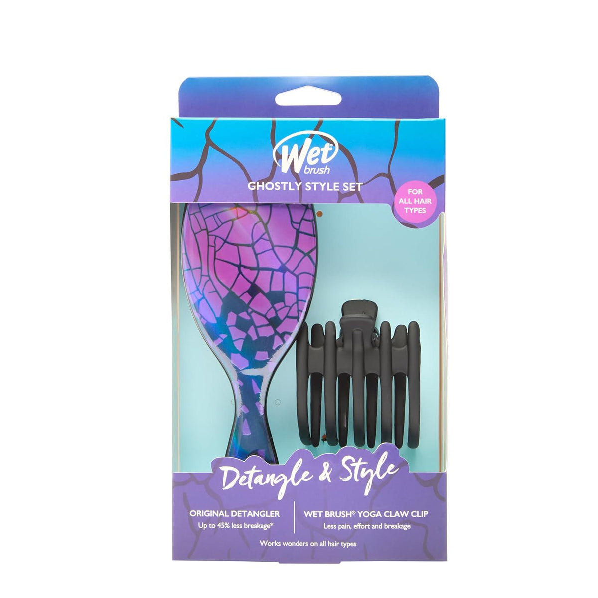 Wet Brush Original Detangler Hair Brush Ghostly Style Kit - Ultra-Soft IntelliFlex Bristles - Detangling Brush Glides Through Tangles For All Hair Types (Wet Dry And Damaged) - 1 Brush And 1 Claw Clip,