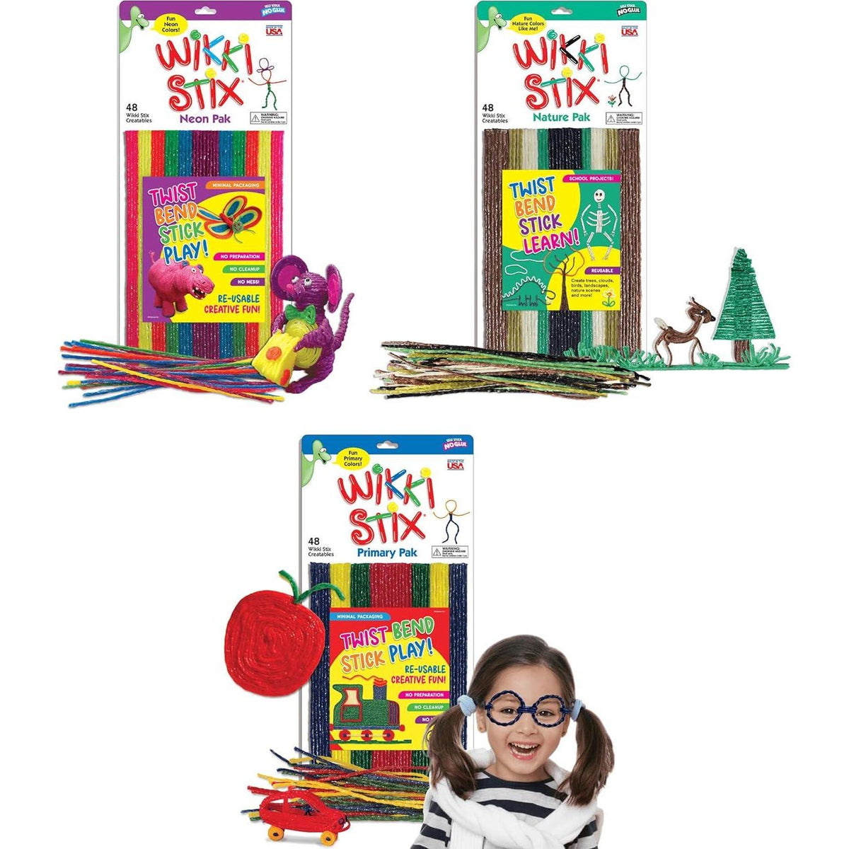 Wikki Stix Arts And Crafts For Kids Triple Play Pack, Non-Toxic, Waxed Yarn, Fidget Toy, Reusable Molding And Sculpting Playset, American Made, 3 Color Sets, 144 Count,797162548975