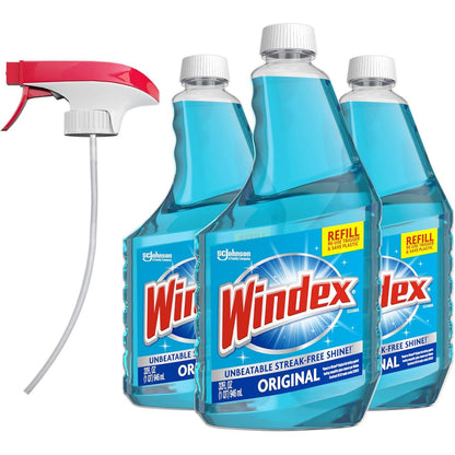 Windex Windex Refill Original Blue Glass And Window Cleaner Bottles + 1 Reusable Spray Trigger, Surface Cleaning Spray, Original Blue Scent, 32 Fl Oz (Pack Of 3)