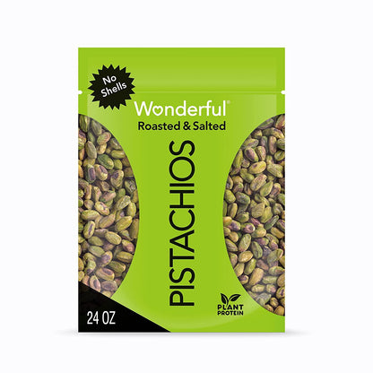 Wonderful Pistachios, Roasted & Salted, No Shells, 24oz Resealable Bag, Healthy Snack, Gluten-Free