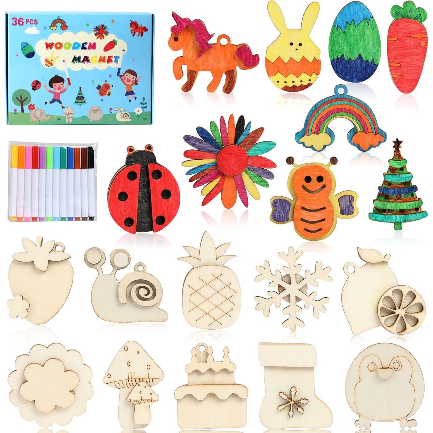 Worgree DIY Wooden Magnets 36 Art Craft Kit for Kids Boys Girls Party Favors Painting Gifts Ages 4 to 12