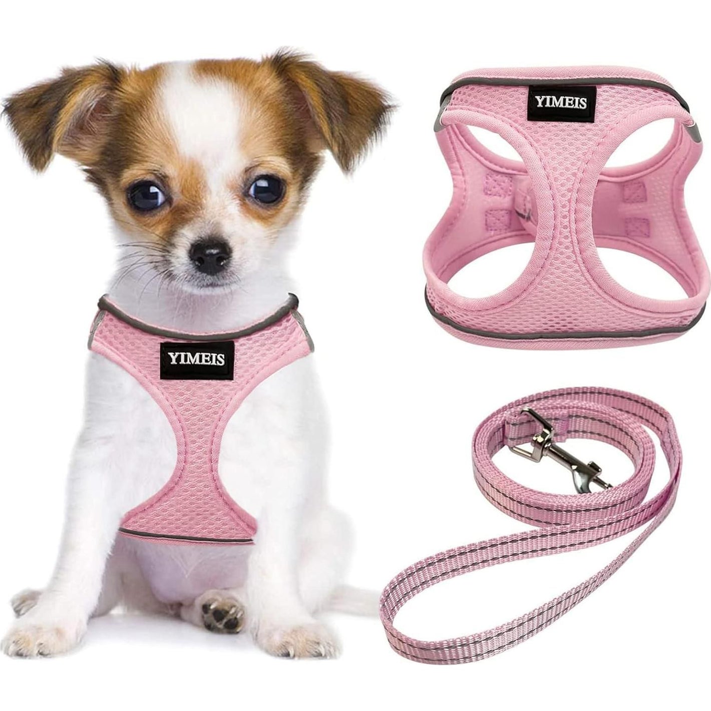 YIMEIS Pink X-Small Dog Harness and Leash Set Soft Mesh Reflective Adjustable Vest for Puppies Cats