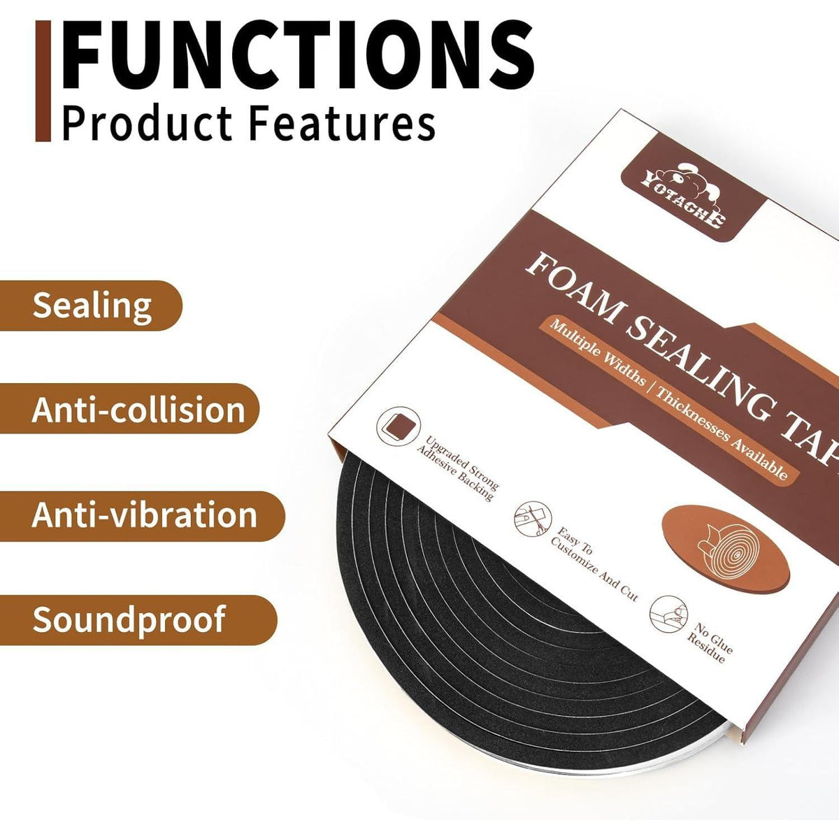 Yotache Adhesive Foam Tape 3 Rolls Total 50 Feet Long 1/2 Inch Wide X 1/8 Inch Thick, Insulation Soundproofing Neoprene Rubber Door Weather Stripping, 3 X 16.5 Ft Each,