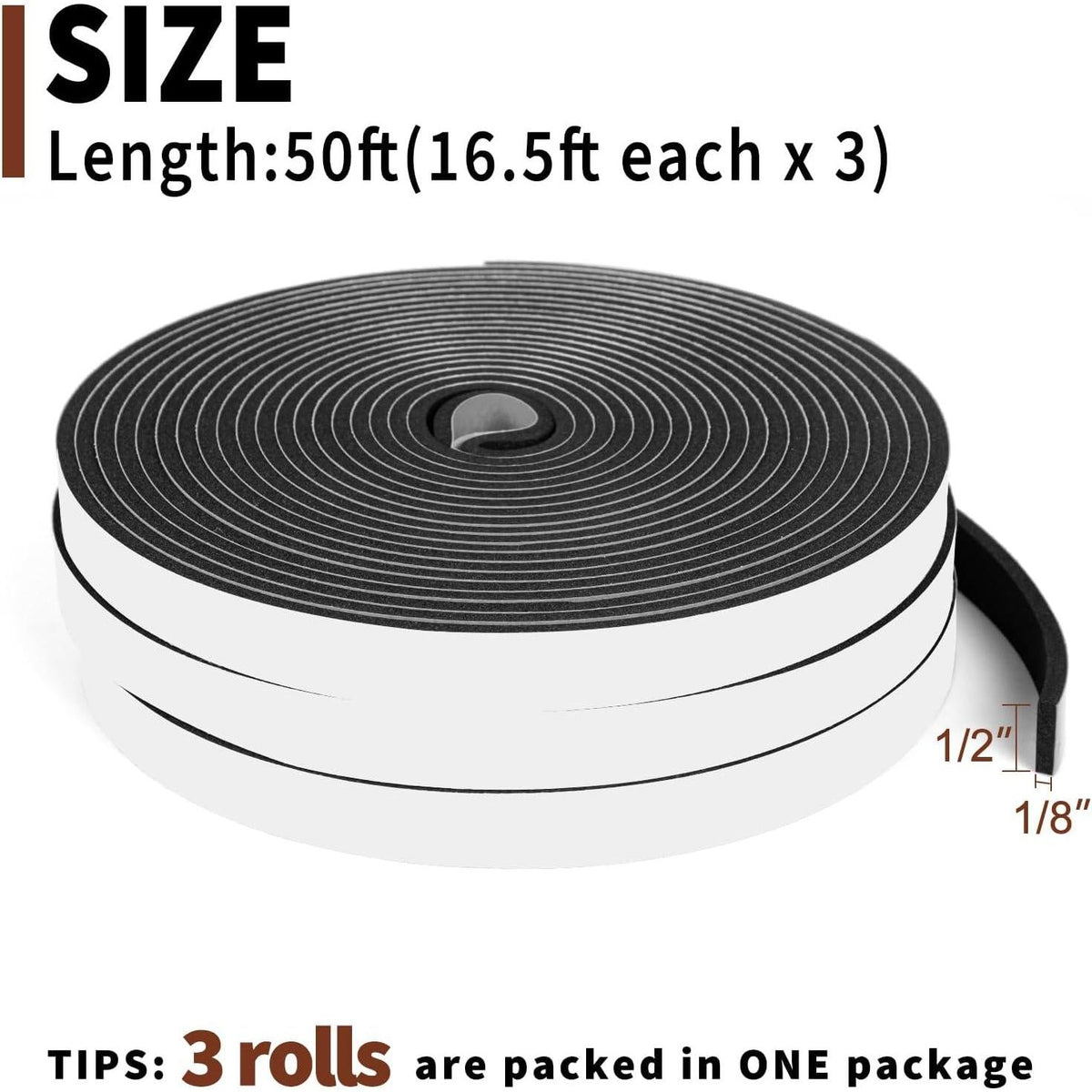 Yotache Adhesive Foam Tape 3 Rolls Total 50 Feet Long 1/2 Inch Wide X 1/8 Inch Thick, Insulation Soundproofing Neoprene Rubber Door Weather Stripping, 3 X 16.5 Ft Each,
