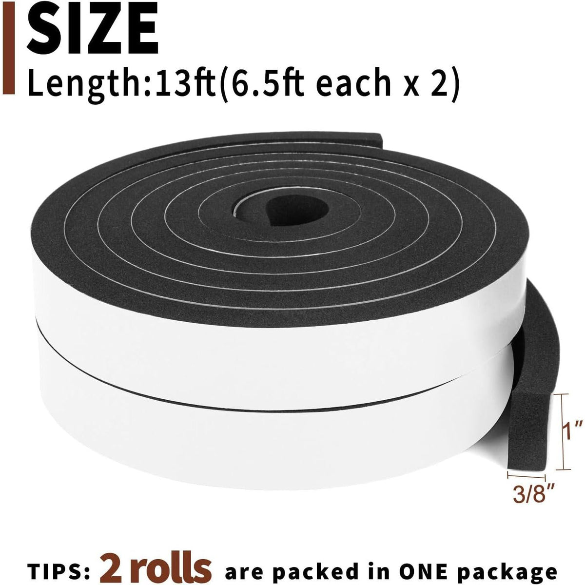 Yotache Foam Insulation Tape 2 Rolls 1 Inch Wide X 3/8 Inch Thick, High Density Foam With Adhesive Tape Self Stick Weather Stripping Thick, Total 13 Feet Long (2 X 6.5 Ft Each),653846684349