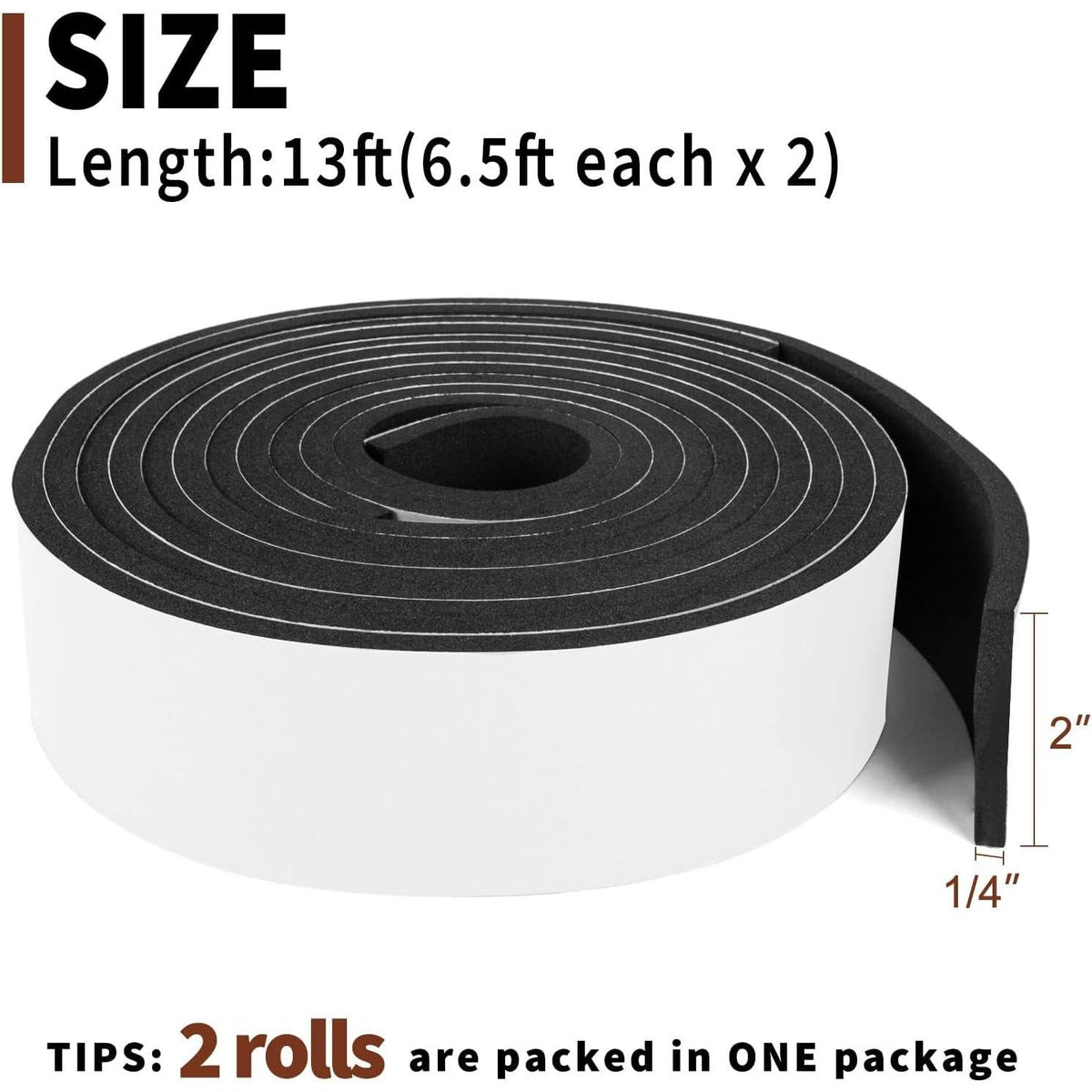 Yotache Foam Rubber Seal Strip Tape 2 In One Roll 2 Inch Wide X 1/4 Inch Thick, Foam Adhesive Strips Closed Cell Foam Tape Automotive Weather Stripping, Total 13 Feet Long,653846684356
