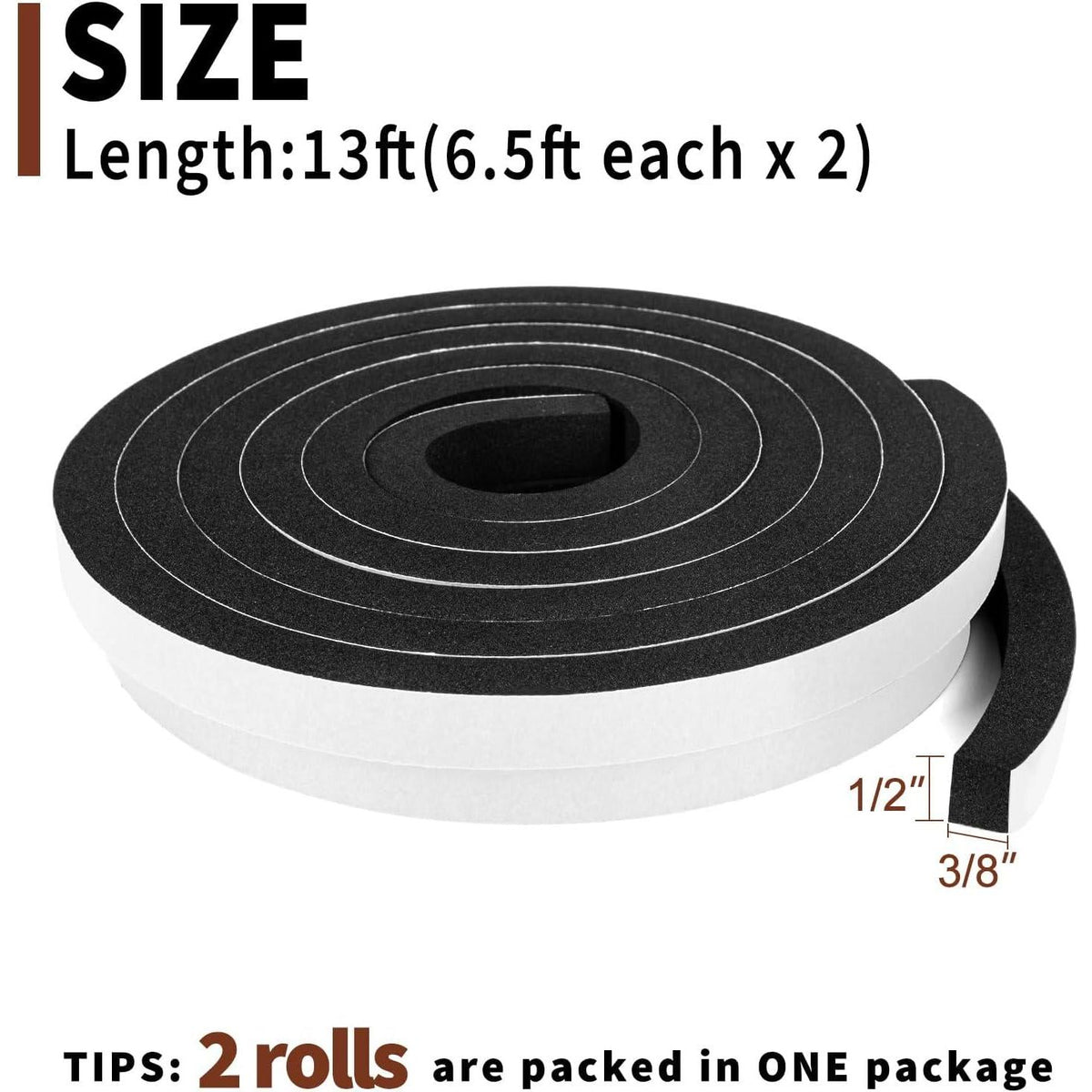 Yotache Foam Seal Tape 2 Rolls 1/2 Inch Wide X 3/8 Inch Thick, Self Adhesive Weather Stripping Insulation Foam Neoprene Weather Stripping, Total 13 Feet Long (2 X 6.5 Ft Each),