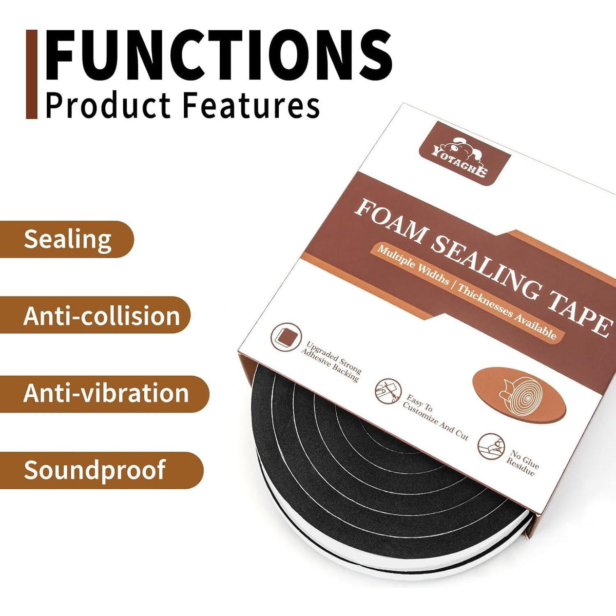 Yotache Foam Seal Tape 2 Rolls 1/2 Inch Wide X 3/8 Inch Thick, Self Adhesive Weather Stripping Insulation Foam Neoprene Weather Stripping, Total 13 Feet Long (2 X 6.5 Ft Each),