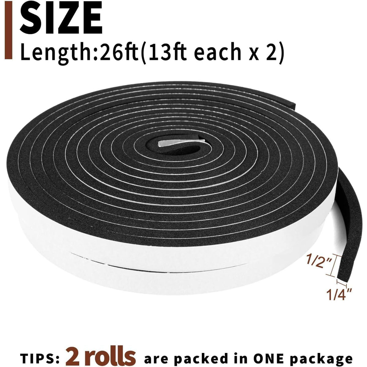 Yotache Foam Strips With Adhesive 2 Rolls Total 26 Feet Long 1/2 Inch Wide X 1/4 Inch Thick, Neoprene Weather Stripping High Density Foam Tape For Doors And Windows Insulation, 2 X 13 Ft Each,653846634504