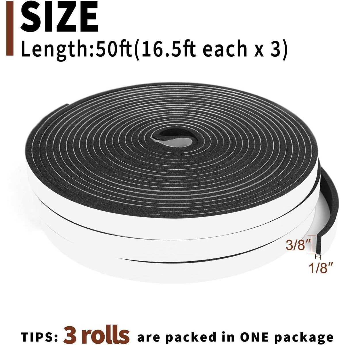 Yotache Foam Tape 3 Rolls Total 50 Feet Long 3/8 Inch Wide X 1/8 Inch Thick, Weather Stripping For Doors And Window High Density Foam Seal Tape Sliding Door Weather Strip, 3 X 16.5 Ft Each,