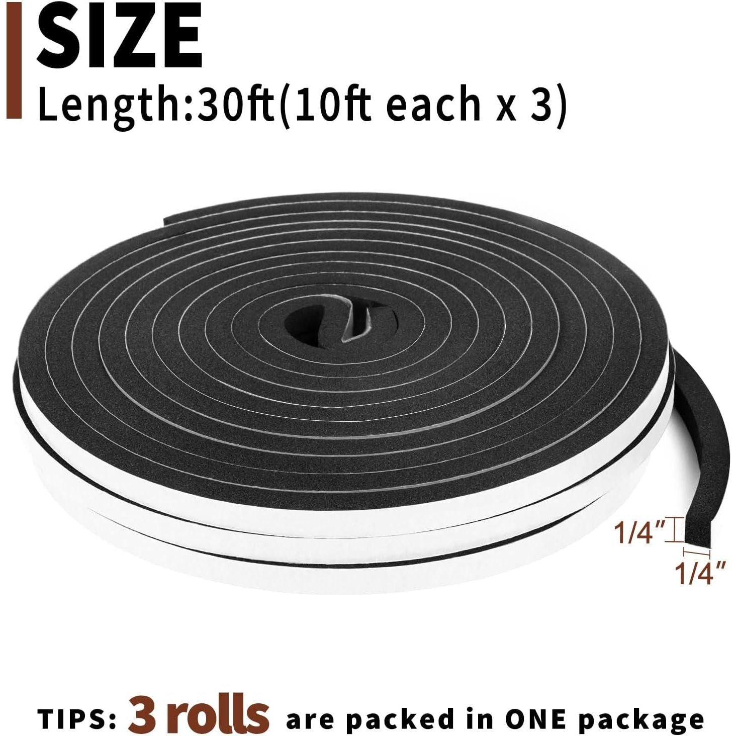 Yotache Foam Tape 3 Strips 1/4 Inch Wide X 1/4 Inch Thick, Weather Stripping For Doors And Window High Density Foam Seal Tape Sliding Door Weather Strip, Total 30 Feet Long (3 X 10 Ft Each),